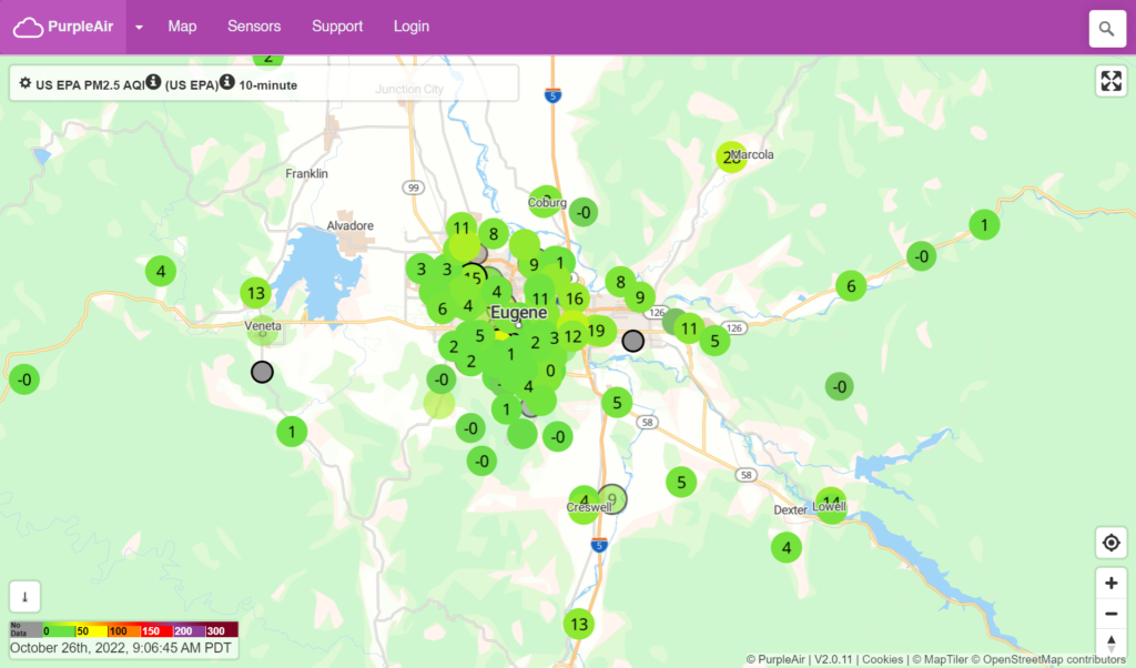 PurpleAir Sensors in the Eugene/Springfield metro area.