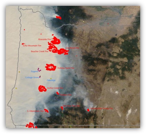 Satellite imagery of wildfire smoke in Oregon on September 10, 2020